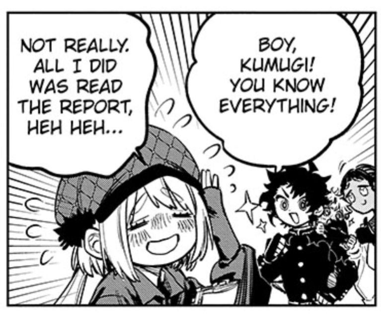 Ichi praises a Kumugi, saying how she knows everything, while she blushes deeply in response.