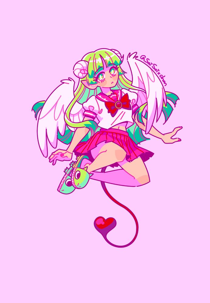 An image of a girl with green hair and horns, wearing a pink school uniform, jumping in the air. She has a tail with a heart shaped end, and angel wings coming from her back. On her feet are green, monster shaped slippers. 

She's giving the audience a curious look.

The background is a light pink.