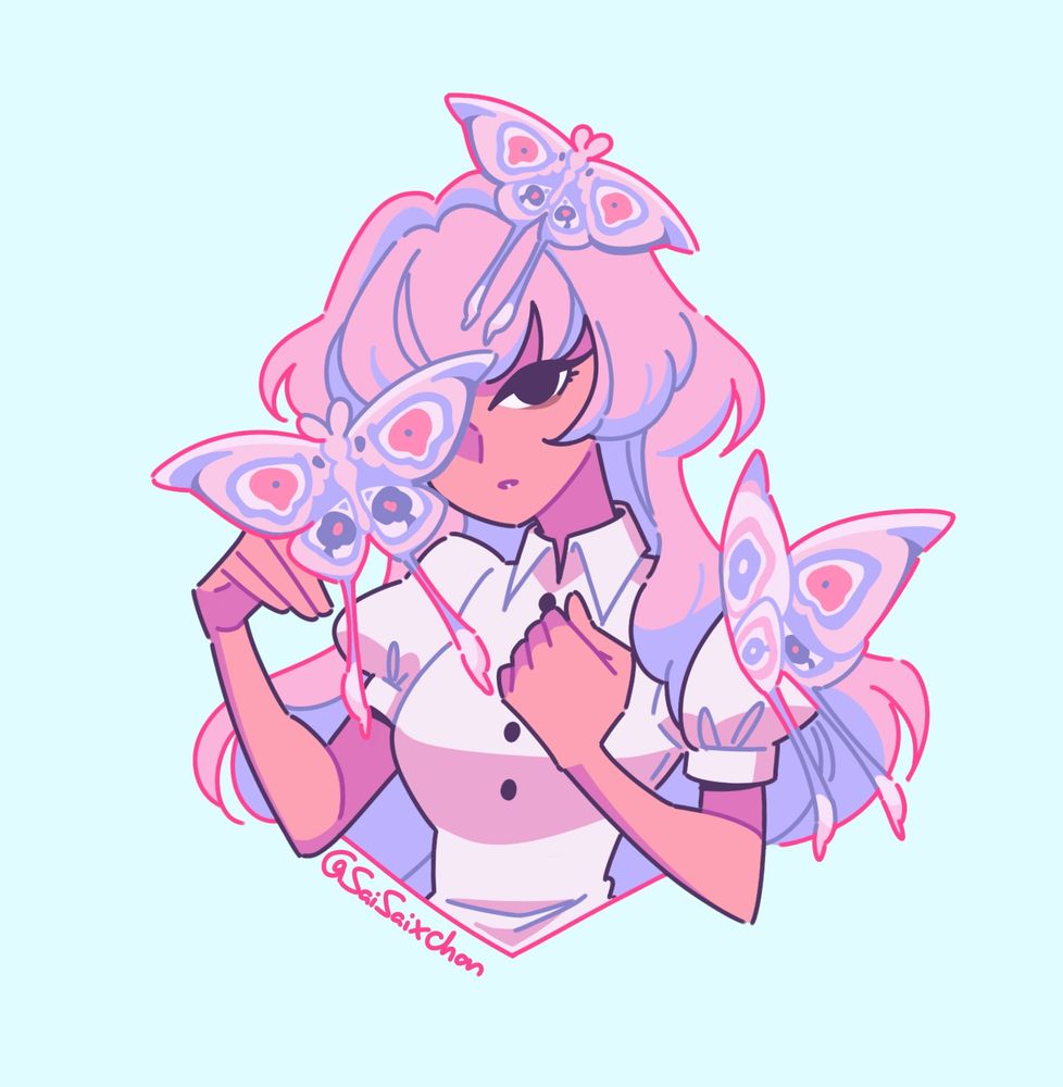 A pink haired girl, staring ahead with one dark eye covered, and a hand to her chest. On her are 3 pink moths. The background is a light blue that makes the colors on the girl stand out more.