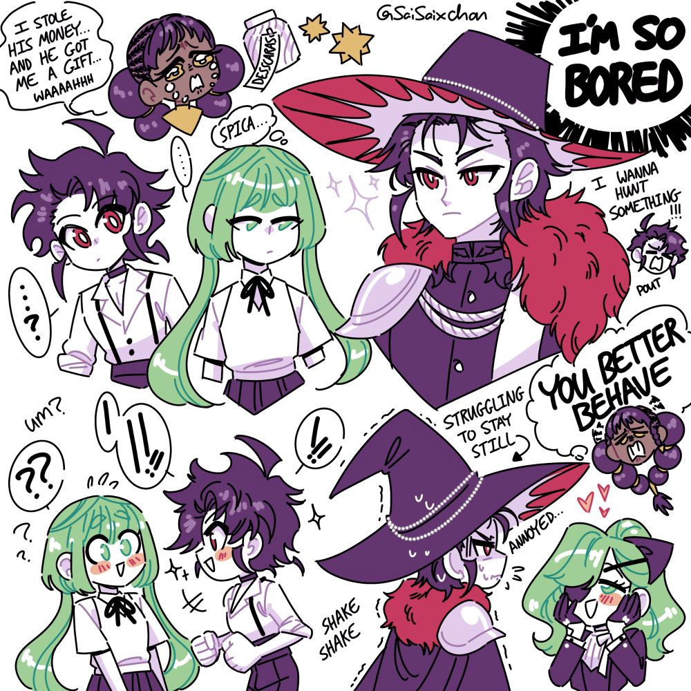 A page with lots of different doodles.
 
The top left has art of Desscaras crying over the gift Ichi gave her.

The middle left has Ichi looking concerned about Kumugi, who's worried about her sister.

The bottom left has Ichi excitedly talking to Kumugi, who looks confused but flattered.

The top right has art of Ichi in his formal outfit, thinking about how bored he is.

The bottom right, he's in the same outfit, but looking distinctly more frustrated with it. Spica stares at him lovingly, oblivious to Ichi.
