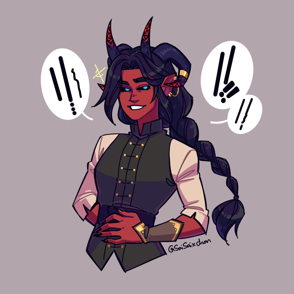 A tiefling with red skin, blue eyes, long black braided hair, and black horns. At the end of his horns are glowing, burning ember like markings, similar to brimstone. He's wearing a dark outfit with gold highlights. He's smiling at the camera and surrounded by vague speech bubbles.