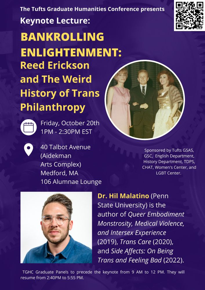 Hil Malatino Keynote Lecture: "Bankrolling Enlightenment: Reed Erickson and the Weird History of Trans Philanthropy"

Friday 20th October, 1-2:30pm,, 40 Talbot Avenue, Medford MA