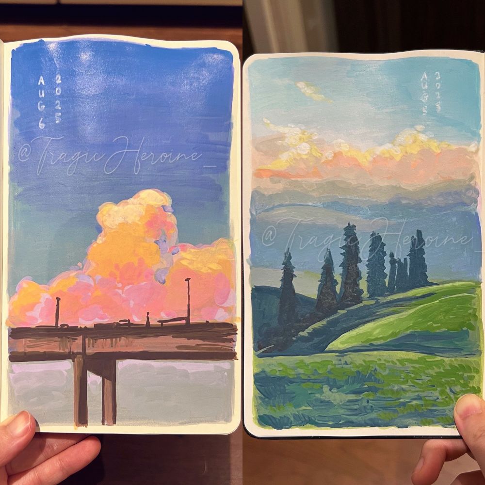 Two sketchbook pages featuring landscape paintings done in acrylic marker