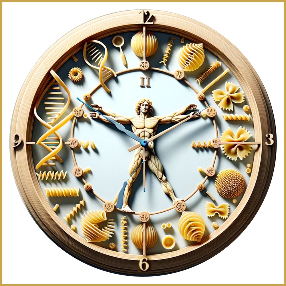clock face built from pasta shapes with Vitruvian-man—logo for Pasta transcriptomic ageing clock.