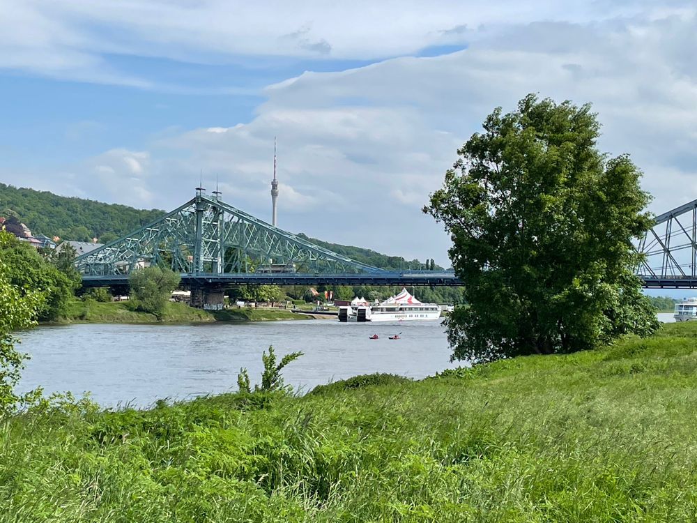 River elbe with green shores and TV tower and blue wonder steel bridge crossing 