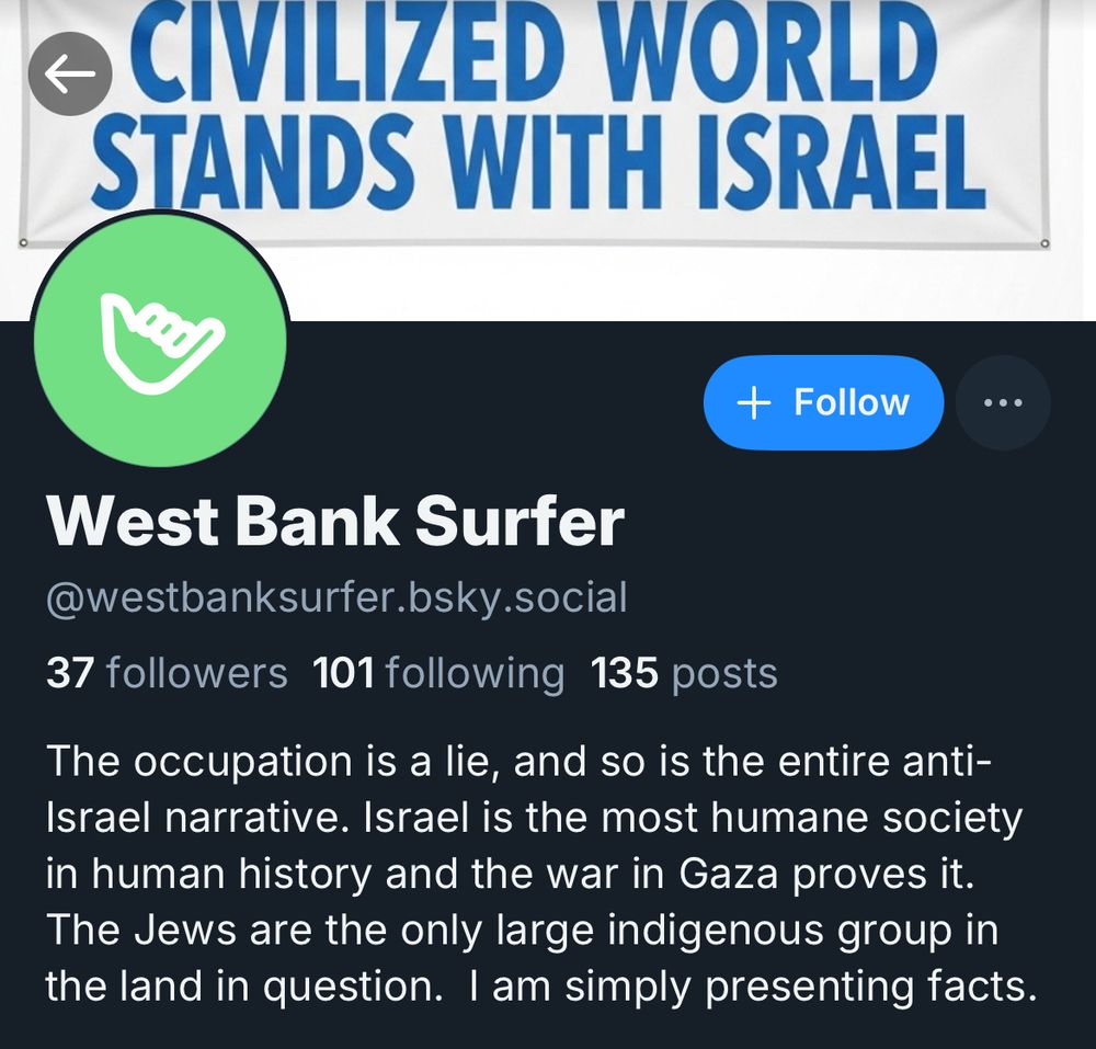 Screencap of a genocide denying Zionist’s profile on Bluesky, at westbanksurfer