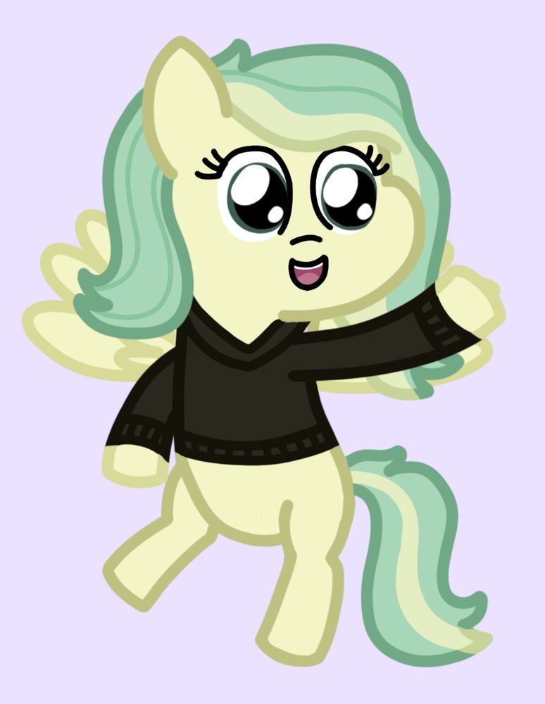 A drawing of Azure Comet, a Light Yellow-Green pegasus with Light Green hair. She is wearing a black hoodie, flying in the air, singing