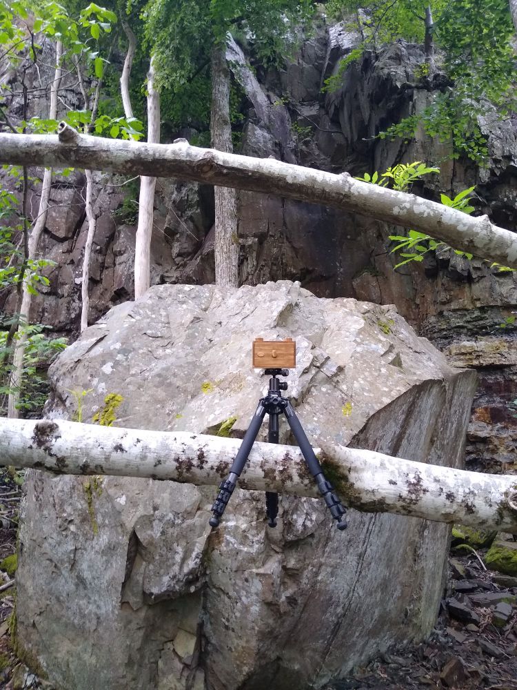 Pinhole camera on a tripod perched precariously on a fallen tree.