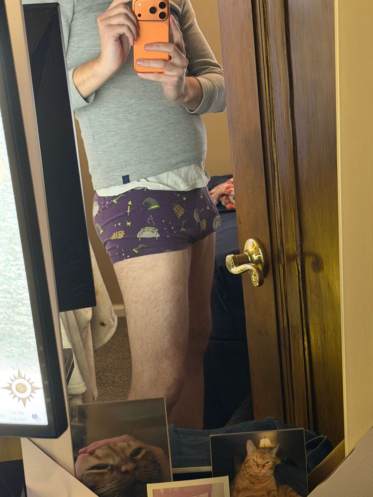 mirror selfie with grey shirt and witchy boxer briefs and hairy thighs 