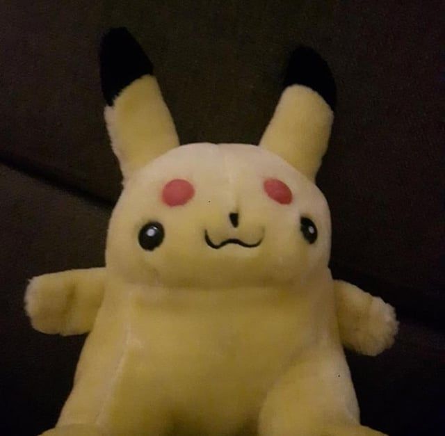 Manufacture defect of a Pikachu plush. It's stout, with the defect being its red cheeks and eyes have swapped places.