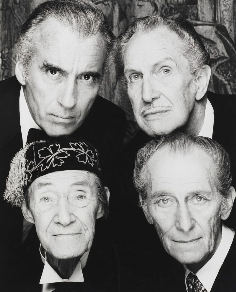 Christopher Lee, Vincent Price, Peter Cushing, and John Carradine, photographed by Terry O'Neill, 1986