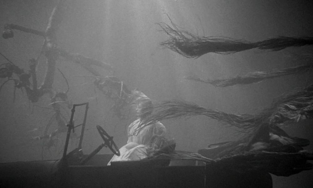 Shelley Winters, or what's left of her, in a submerged car, as seaweed wafts about her. 