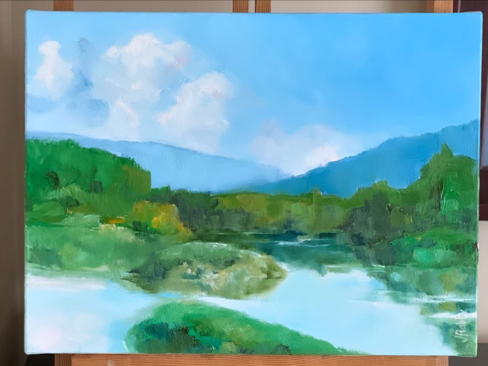 Oil painting of view of hills in distance, forest in mid-ground, and Shuswap River and small islands in foreground. By Canadian artist Jennifer Rabby