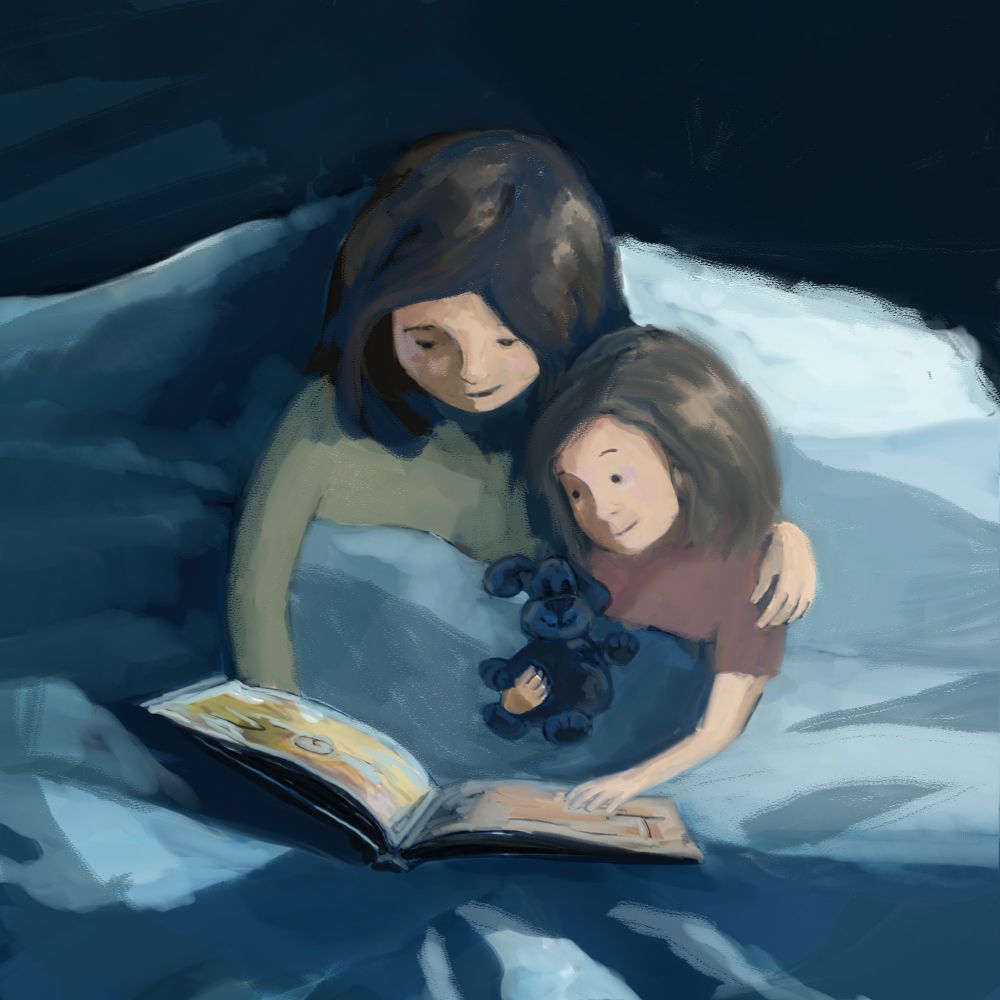 Painterly illustration of mother and daughter reading a storybook together at bedtime