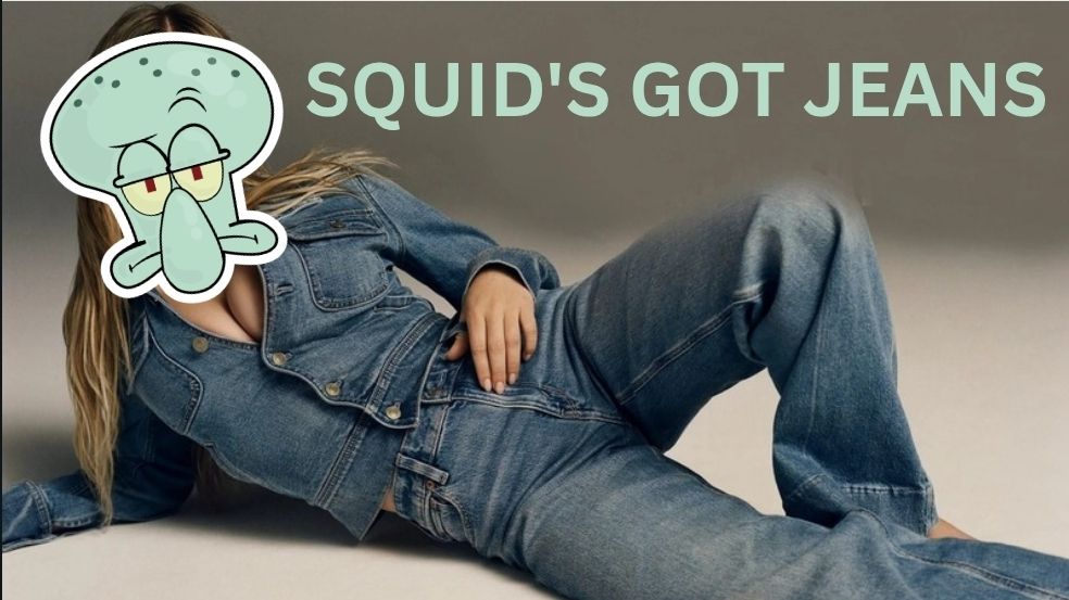 That shitty American Eagle Sidney Sweeney ad but with a PNG of Squidward's face over hers