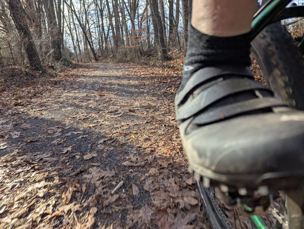 A bike shoe, pedaling a bike through winter woods 