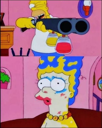 Homer shoots Marge with makeup-gun set to "whore"