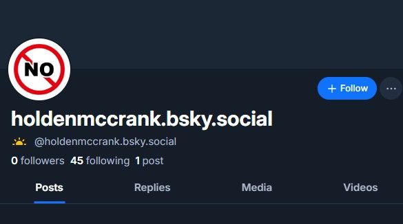 holdenmccrank.bsky.social, new account, 0 followers, 45 following, 1 post (this one)