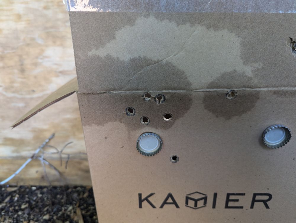 a bottlecap glued to a cardboard box, 5 bullet holes above it, 1 below to the right. And another way right, mine