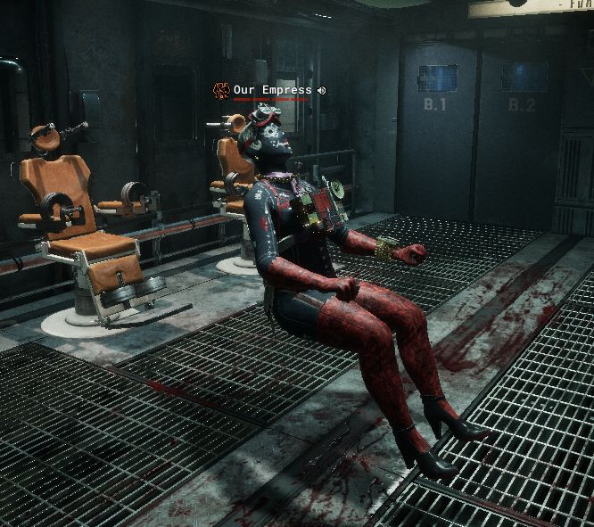 A screen capture in The Outlast Trials in the trial shuttle.  I, Our Empress, am floating in mid air in a seated position, arms up as though they are on armrests.  I am wearing the same cosmetic as described before.  Taken by my pal KayeMP <#.