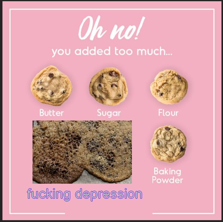 The stupid useless cookie infographic that reads:
"Oh no!
you added too much...
Butter
Sugar
Flour
Baking Soda"
and then I photoshopped my stupid cookies over the image and below it reads, "fucking depression"