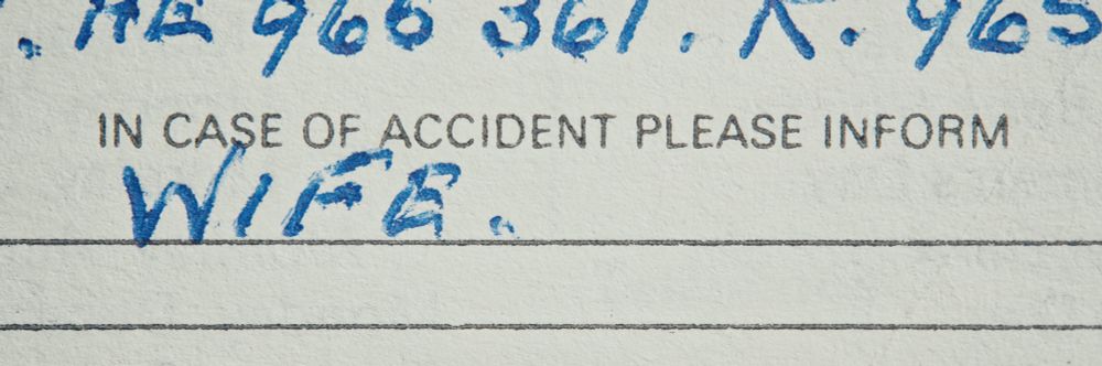Diary entry reading 'in case of accident please inform WIFE'