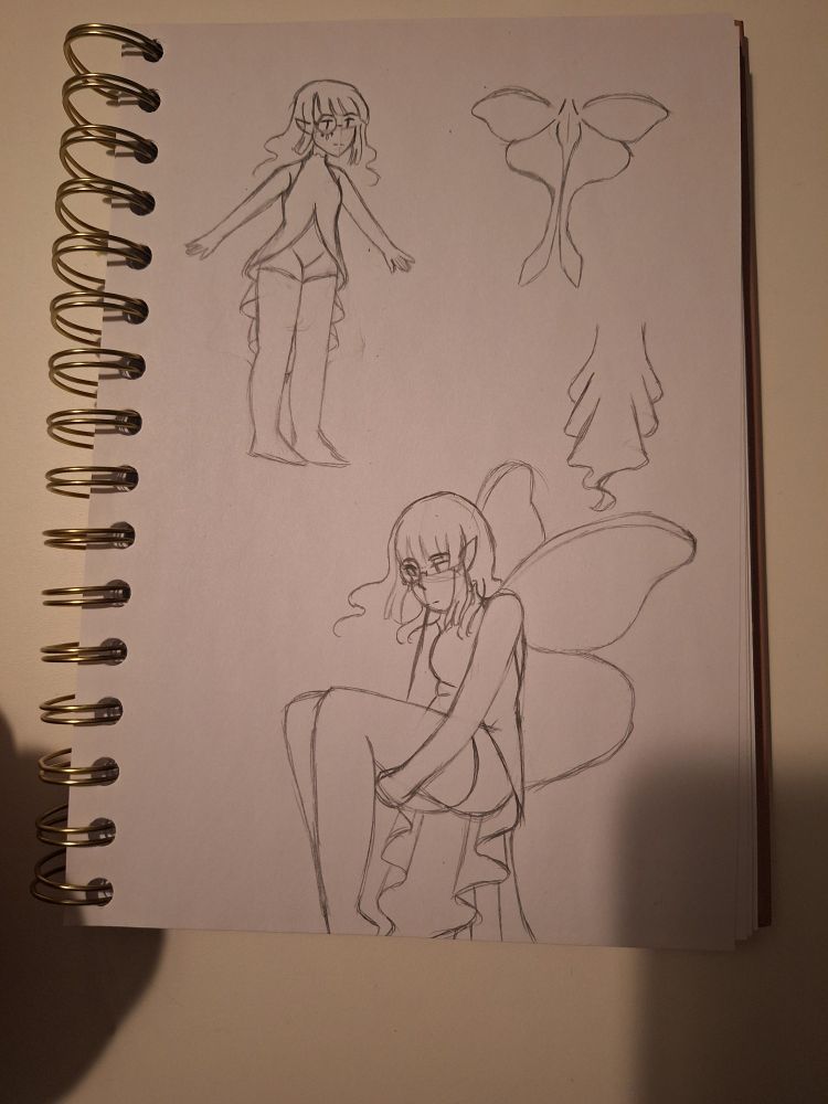 Some sketches where I explored a design for a fairy version of one of my OCs (for an AU)