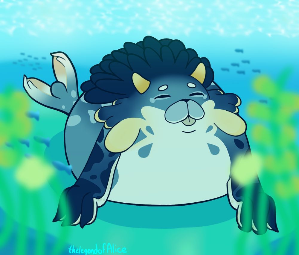 A blubberbeast original character from Genshin Impact with her eyes closed and tongue sticking out. Saoirse belongs to my friend Rhys aka cryptokinku, my artfight profile is thelegendofalice!! 