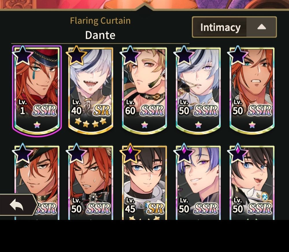 NU: Carnival screenshot. Cropped bottom of intimacy room screen. Shows units on the lower end of intimacy, including 4 different Dantes.