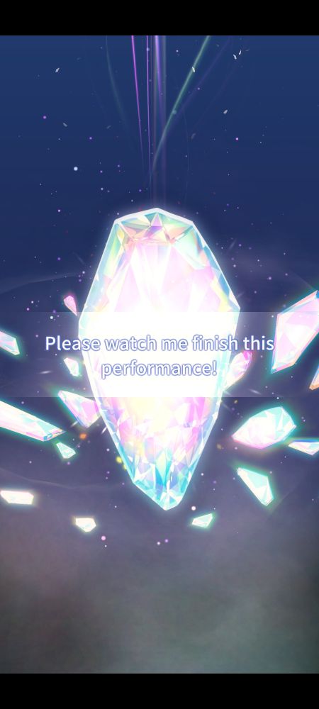 NU: Carnival screenshot. Character pull screen showcasing a crystal and dialogue text: "Please watch me finish this performance!"
