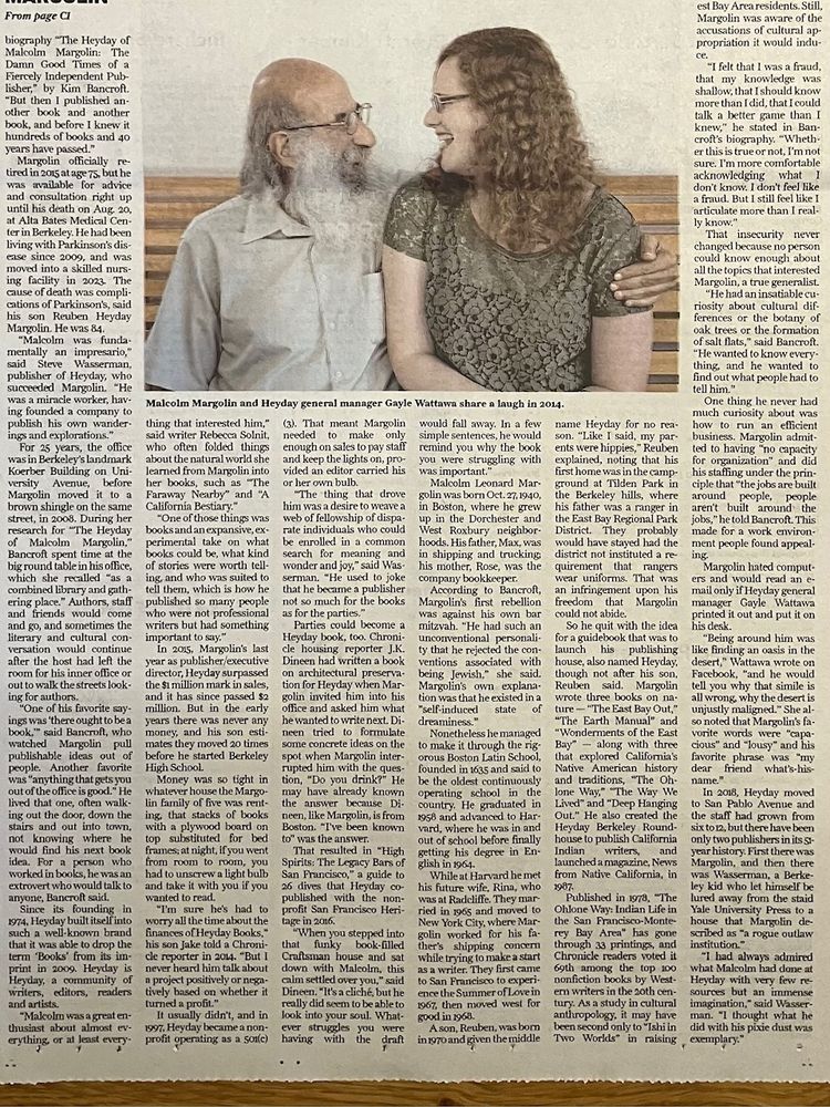 Obituary in SF Chronicle of Heyday founder Malcolm Margolin