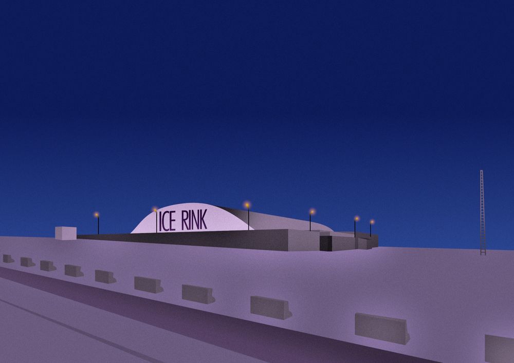 A digital painting depicting an ice rink at night, surrounded by a big empty parking lot. 