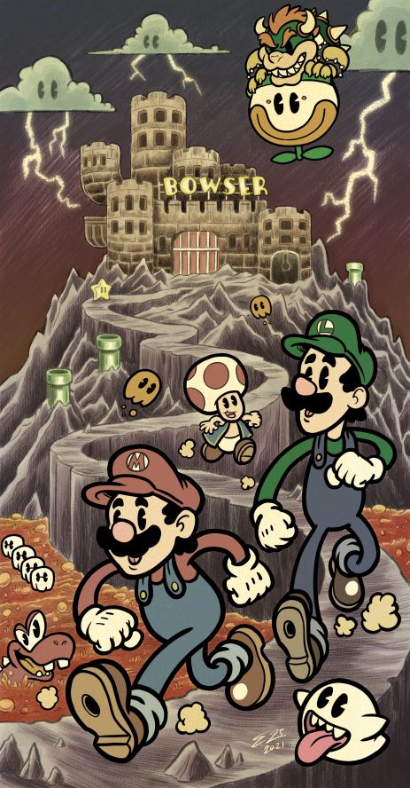 A "Rubber hose" style illustration of Mario, Luigi, and Toad happily strolling through the Valley of Bowser from Super Mario World. Bowser is flying overhead in the background, above his castle, in his clown car.