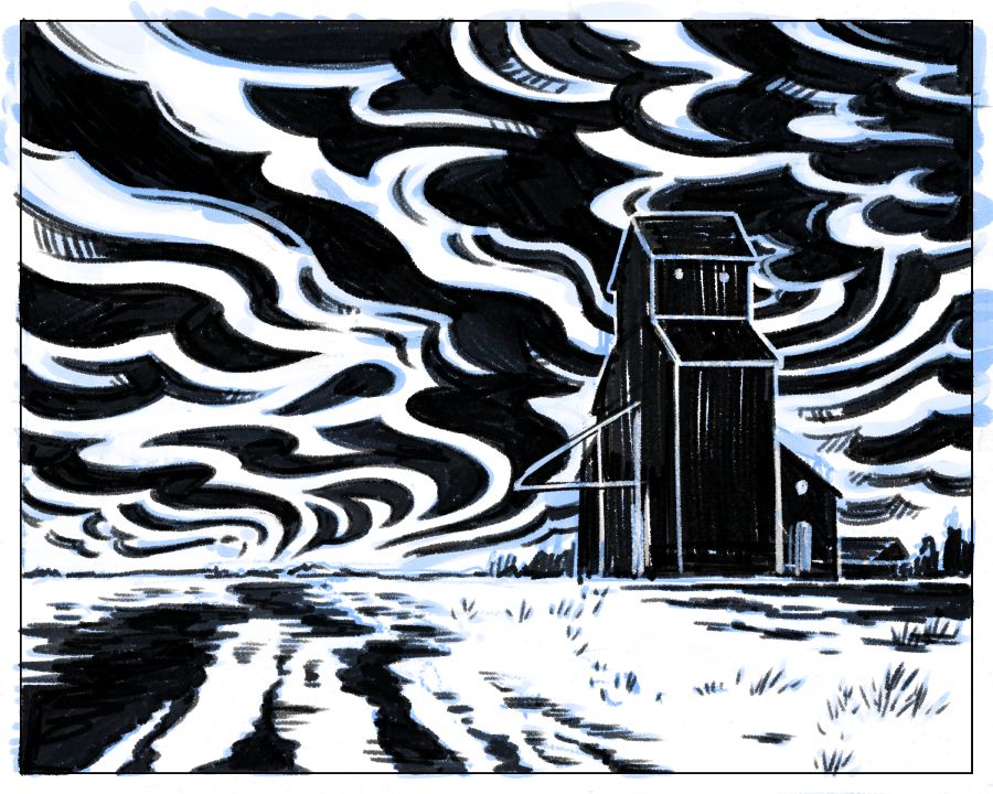 An illustration of a grain elevator on the prairies, the most generic, boring artistic staple of prairie art imaginable - but this one is in the style of a woodcut and the sky is strange, psychedelic swirling clouds. It's weird. I hope it's both striking and interesting. I like it.