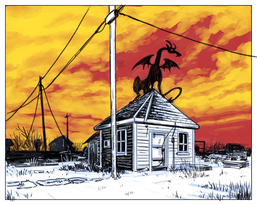 A dragon, in silhouette, perched on top of an old dilapidated house. There's a power pole next to it in the foreground, with lines leading out to the left and right of the frame. The sky has been sketchily painted in, red with yellow clouds, giving it a firey look. There are several other abandoned structures in the far background.