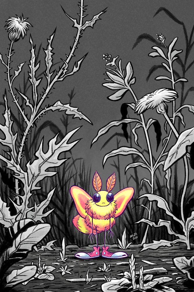 A small anthropomorphic pink and yellow moth person wearing pink sneakers facing the camera and standing in a field of weeds. The weeds tower over them. They are in colour while the rest of the image is greyscale.