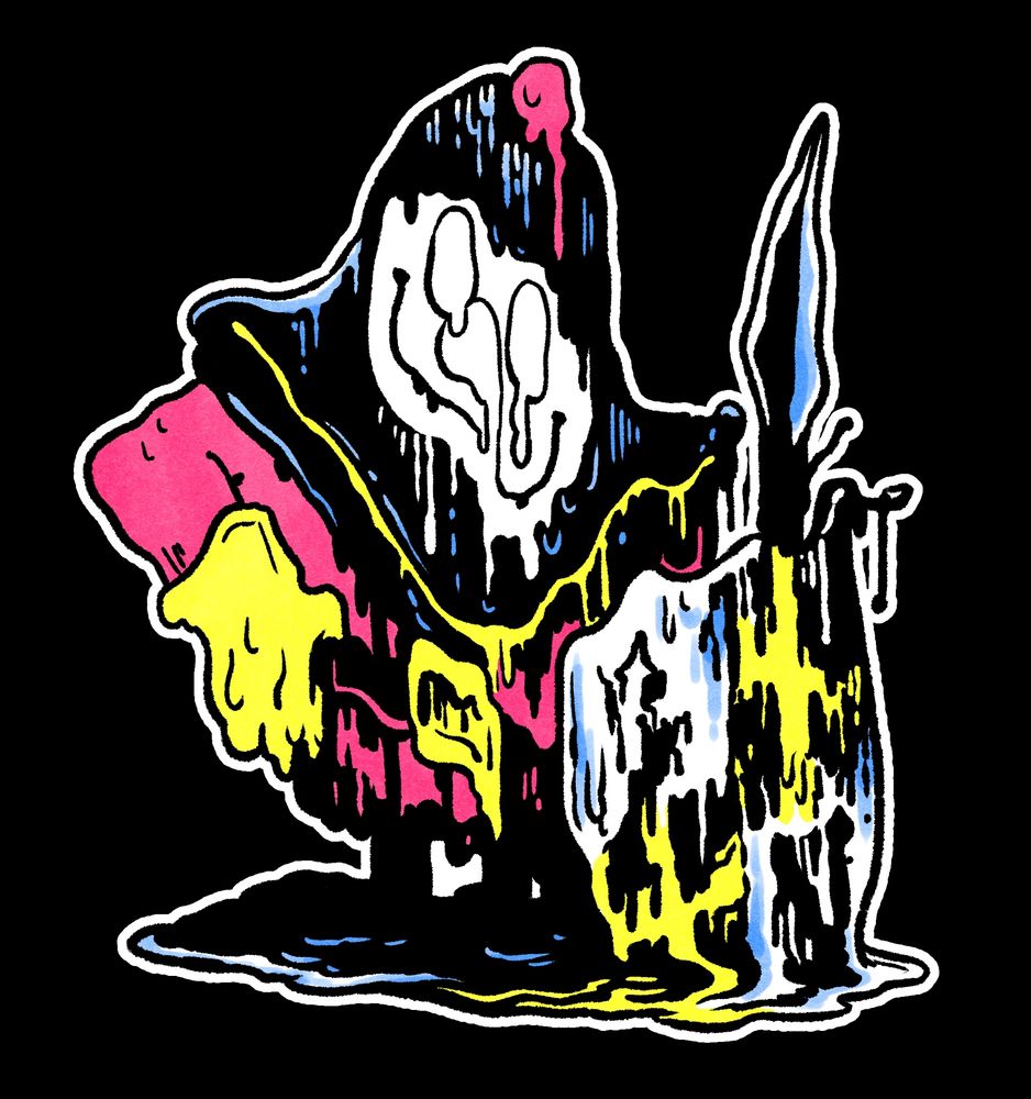 A drawing of a little smiling cartoon medieval guardsman dude with a shield and a spear, one of several different logos for the Burger Baron restaurant chain - except in this version, the little guy is melting. Still smiling, though!