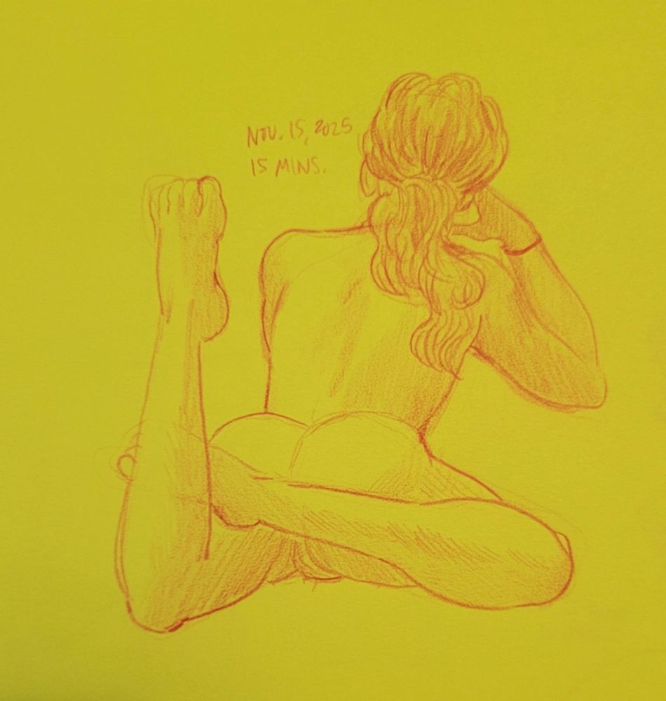Sketch in red pencil on fluorescent green paper of a nude woman leaning away from the viewer, legs crossed behind her.