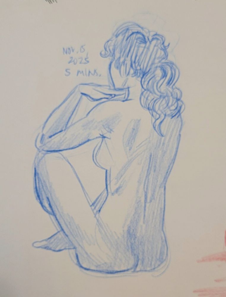 A sketch in blue pencil of a nude woman sitting facing away from the viewer, resting her arm on her knee.