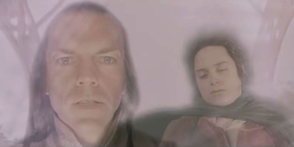 Scene from Lord of the Rings showing Frodo and Elrond floating side by side in an ethereal white void