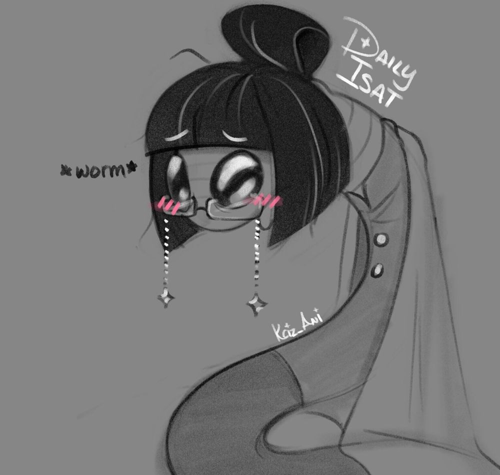 Odile depicted as a worm with watery boba eyes and blushing cheeks