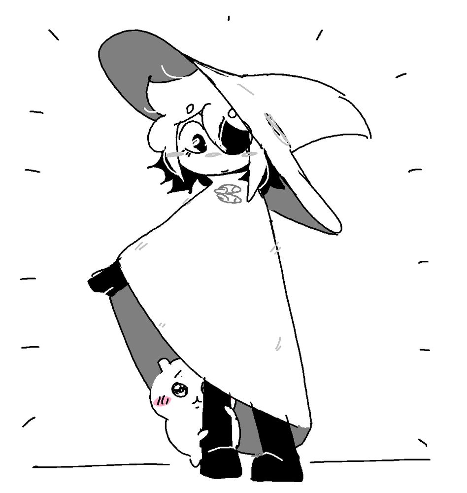 Chiikawa is hiding beneath Siffrin's cloak, clinging to their leg. Siffrin seems to enjoy this!