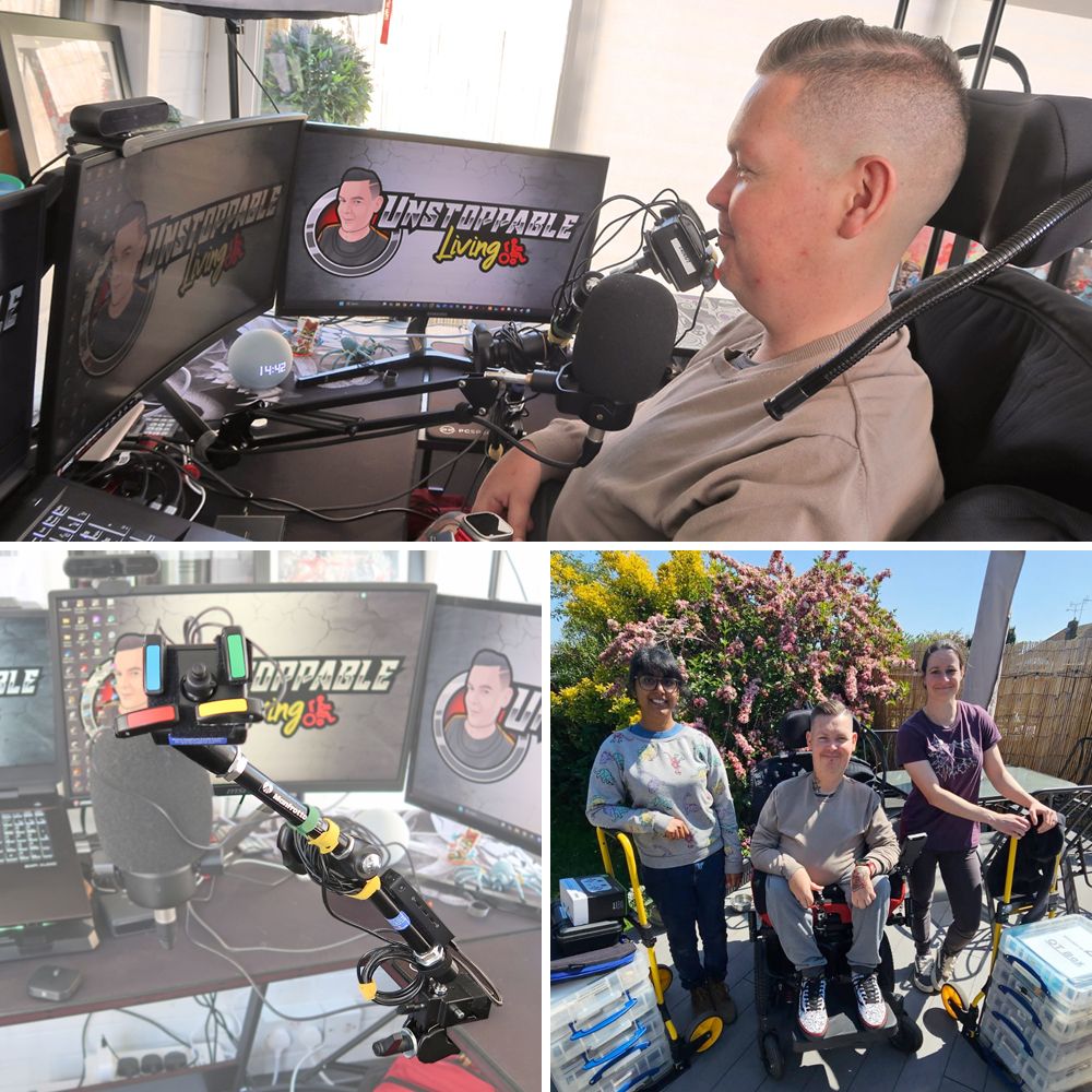 A triptych of images showing a man in a red and black wheelchair smiling at the camera and at some gaming monitors. Another image shows a chin joystick and a number of colourful buttons.