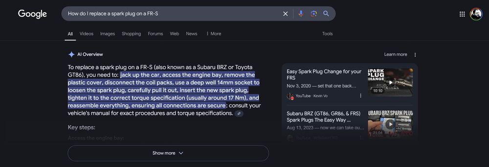 A screenshot of a Google search. The query is "How do I replace a spark plug on a FR-S." As per usual these days, the immediate result is a Google Gemini AI overview.