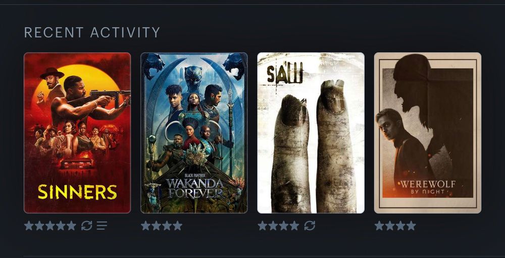 My last four watched on letterboxd: Ryan Cooglar’s Sinners, Black Panther: Wakanda Forever, Saw 2, and Werewolf by Night 