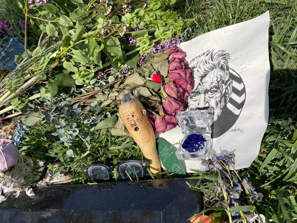 A drawing, a carving, a pair of glasses, a key chain for The Great Northern Hotel from Twin Peaks, a small rock with a sad and a happy face painted on it, and a blue rose in a case 