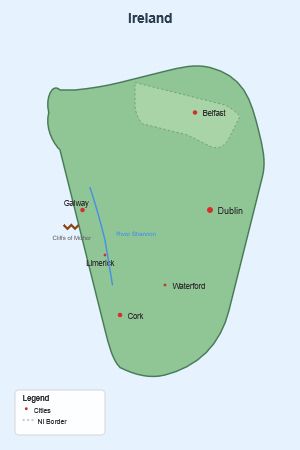 A blob-shaped coloured green, labeled "Ireland", with red dots labeled Dublin, Belfast, Galway, Cork, and Waterford.