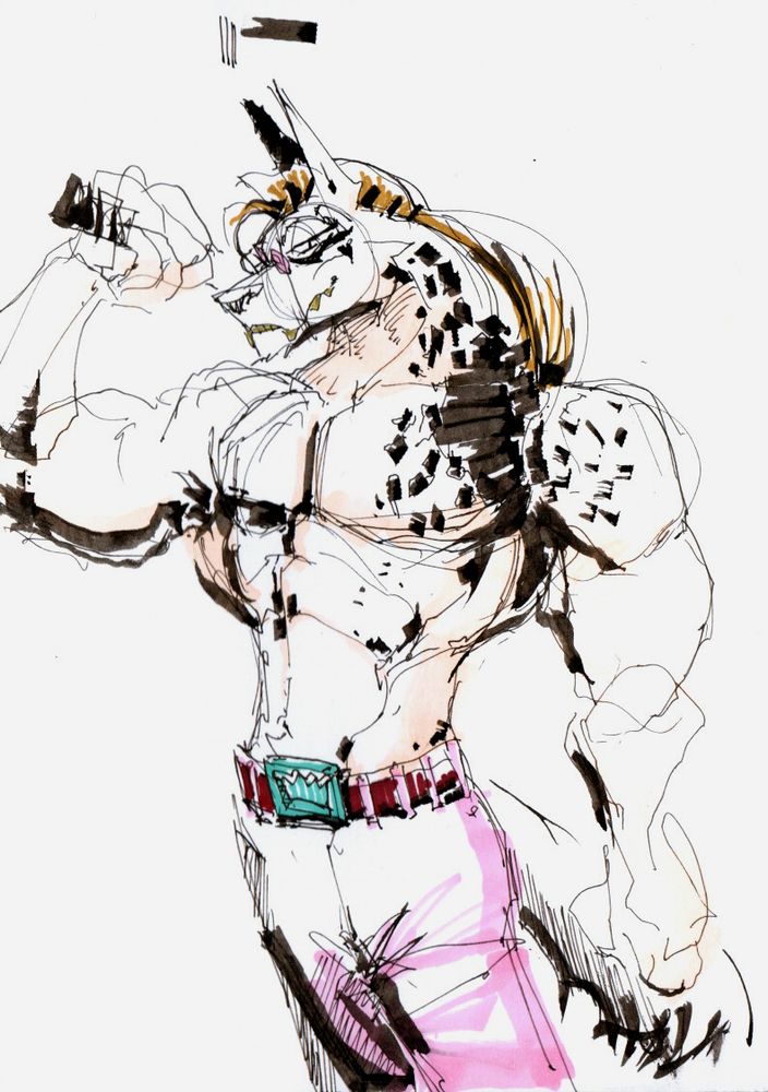 Drawing of an anthro male hyena. Wide shoulders, slim torso, only wearing pink pants. Carries a retractable baton. Sketchy inks with markers.