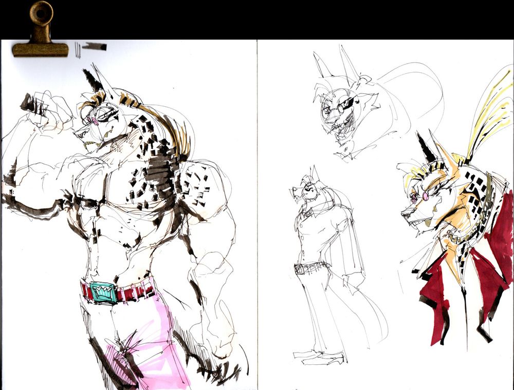 Drawing of an anthro male hyena. Left: Wide shoulders, slim torso, only wearing pink pants. Carries a retractable baton. 
Right: Some more doodles. Dressed in a wine-colored suit jacket, shirt and a gold chain
Sketchy inks with markers.