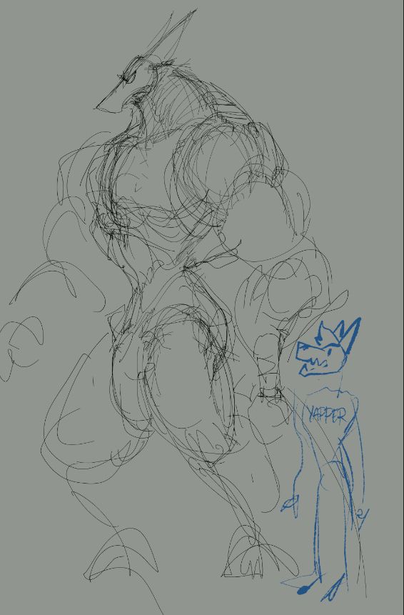 Male large naked anubite with an average height fox on the side for scale.